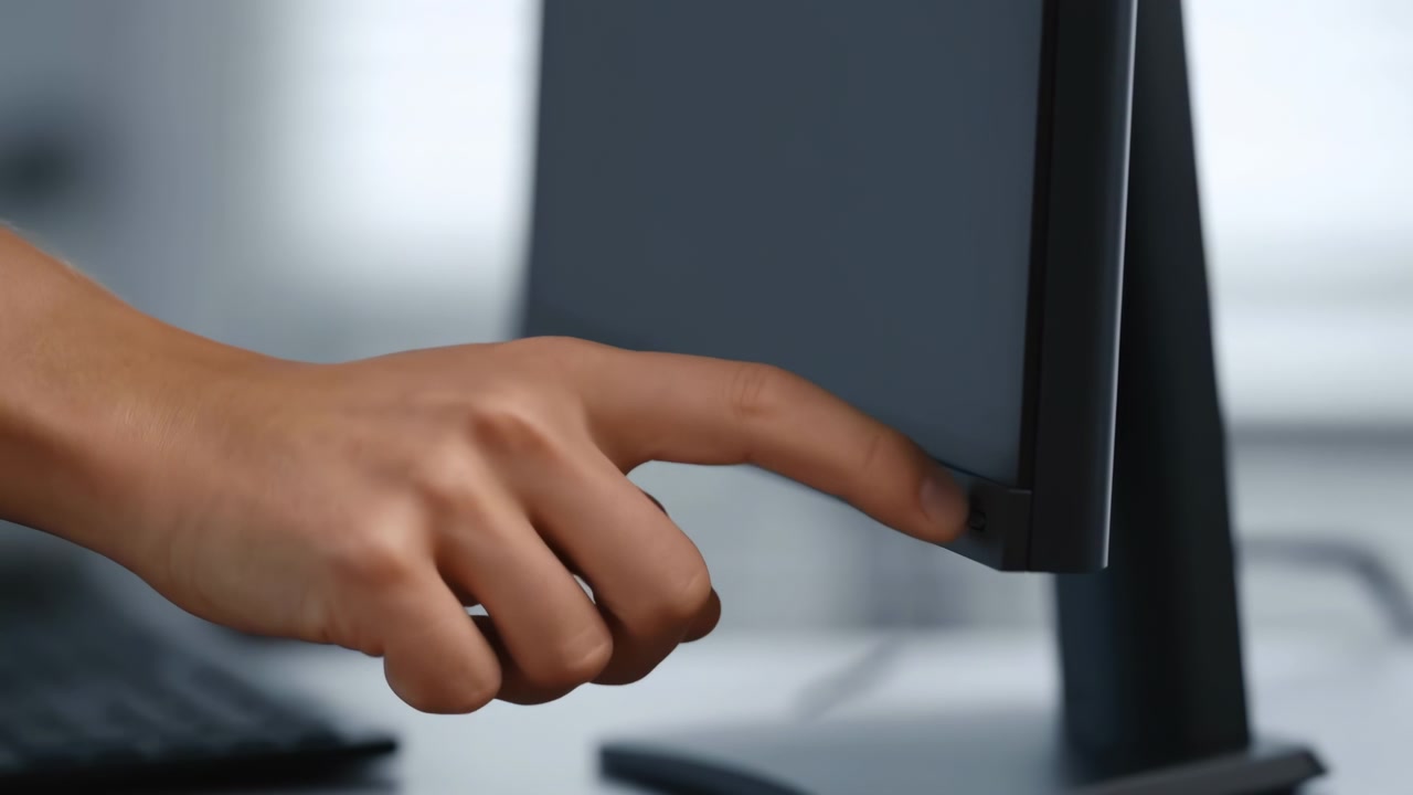 Close-up view of left hand index finger reaching toward slim black monitor bezel in minimalist office workspace, with modern desk surface, soft neutral lighting, clean composition and focused