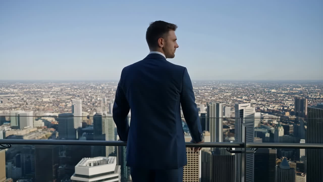 Businessman Looking at City Skyline from Rooftop