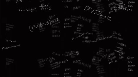 Animation-of-mathematical-equations,-diagrams-and-formulas-floating-against-black-background