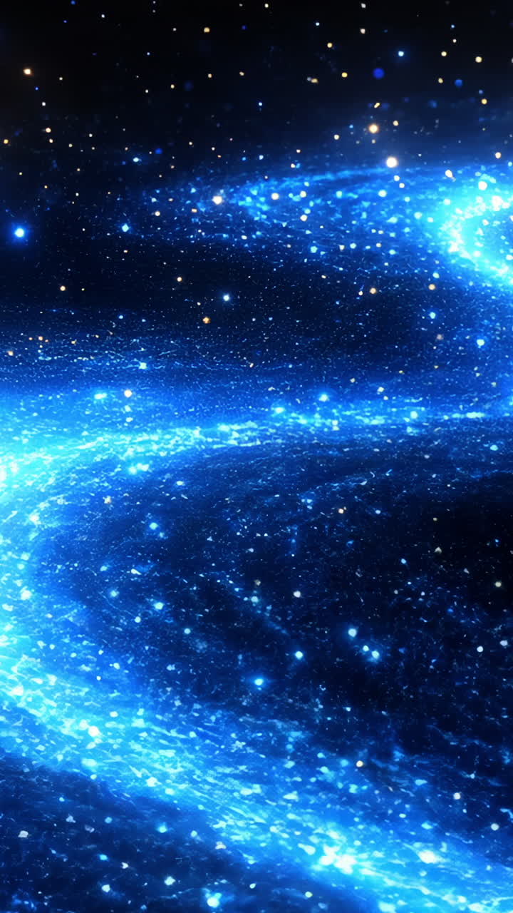 A blue galaxy with a blue line in the middle. The galaxy is filled with stars and the blue line is a spiral