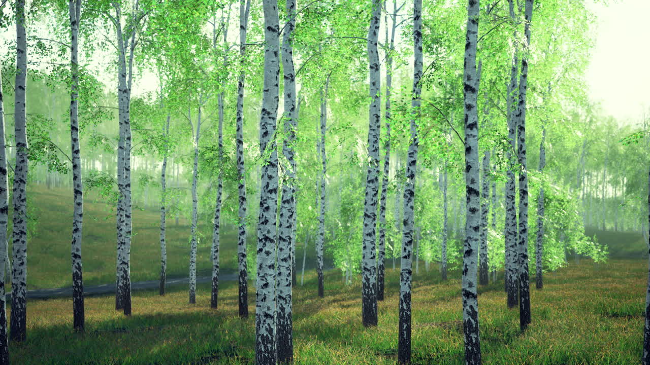 Üppiger grüner Birkenwald, in dem das Sonnenlicht im Frühling durch die Blätter scheint