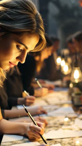 creative artist engaged in detailed illustration at a warm-lit workspace