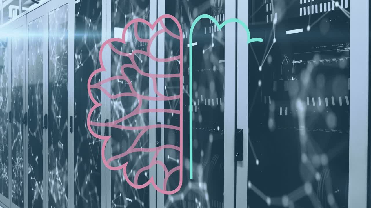 Animation of ai data processing and icons over computer servers