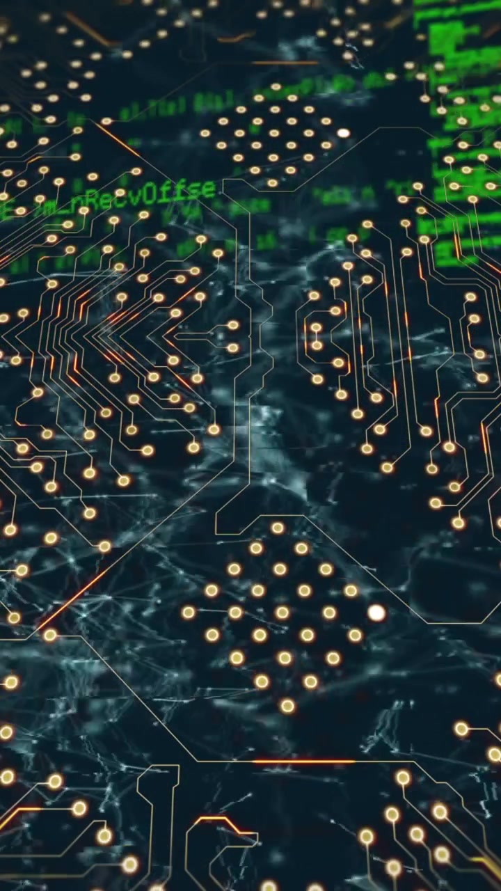 Animazione di un pattern di circuito stampato illuminato su linguaggio informatico su sfondo nero