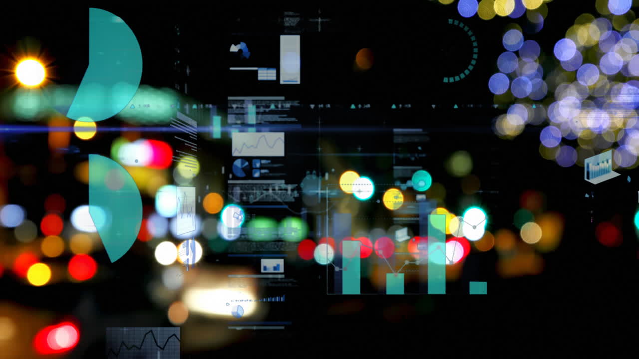 Animation of statistics processing over out of focus lights and cityscape