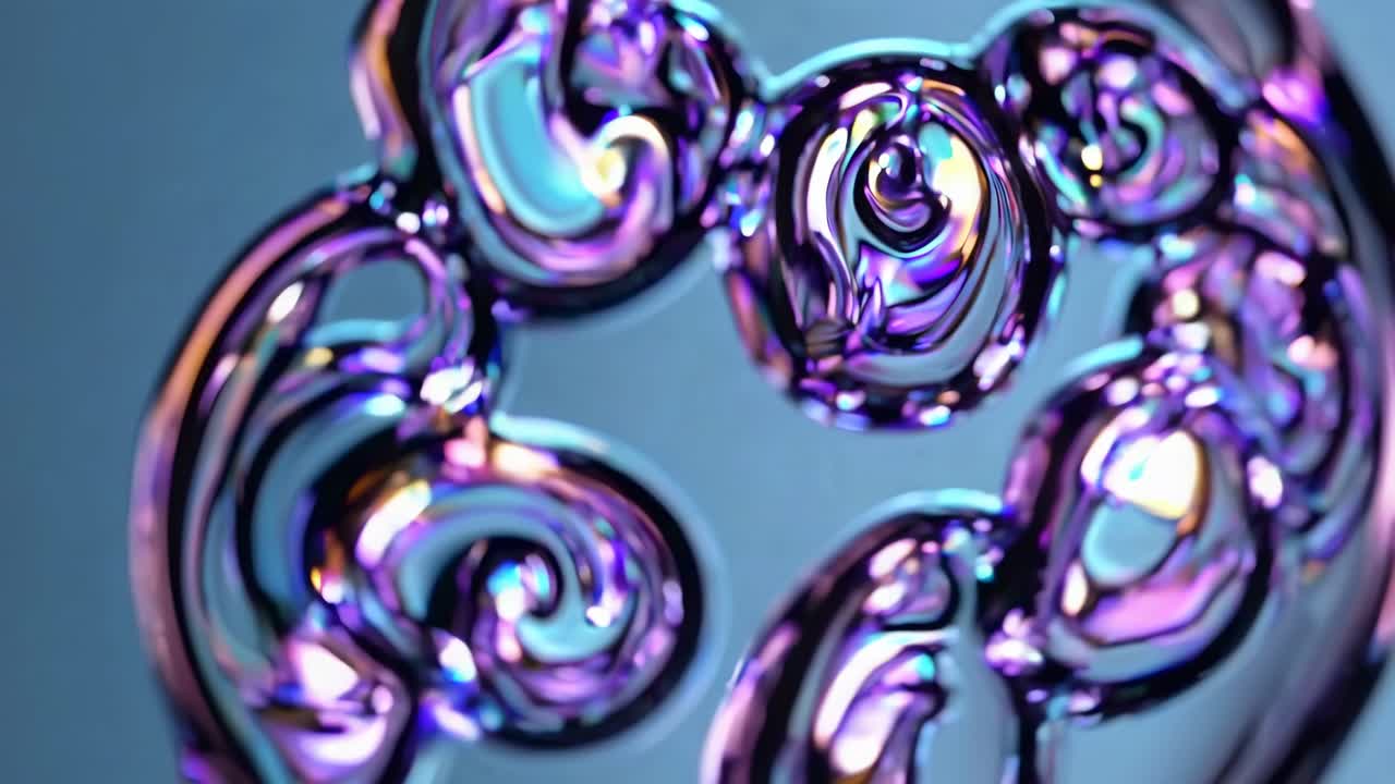 Close-up video of abstract, iridescent swirls in vibrant purple and blue hues, shot from a low