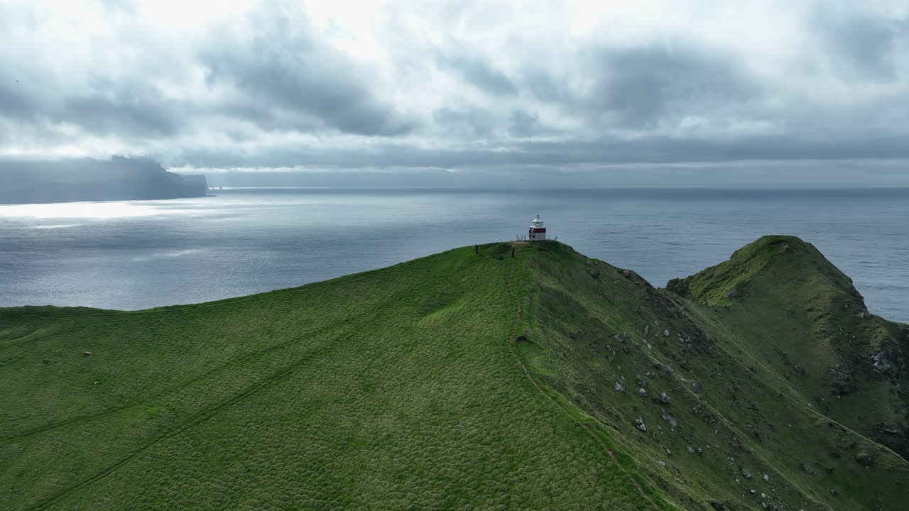 Drone view of the famous Kallur lighthouse on Kalsoy island with its dramatic green cliffs