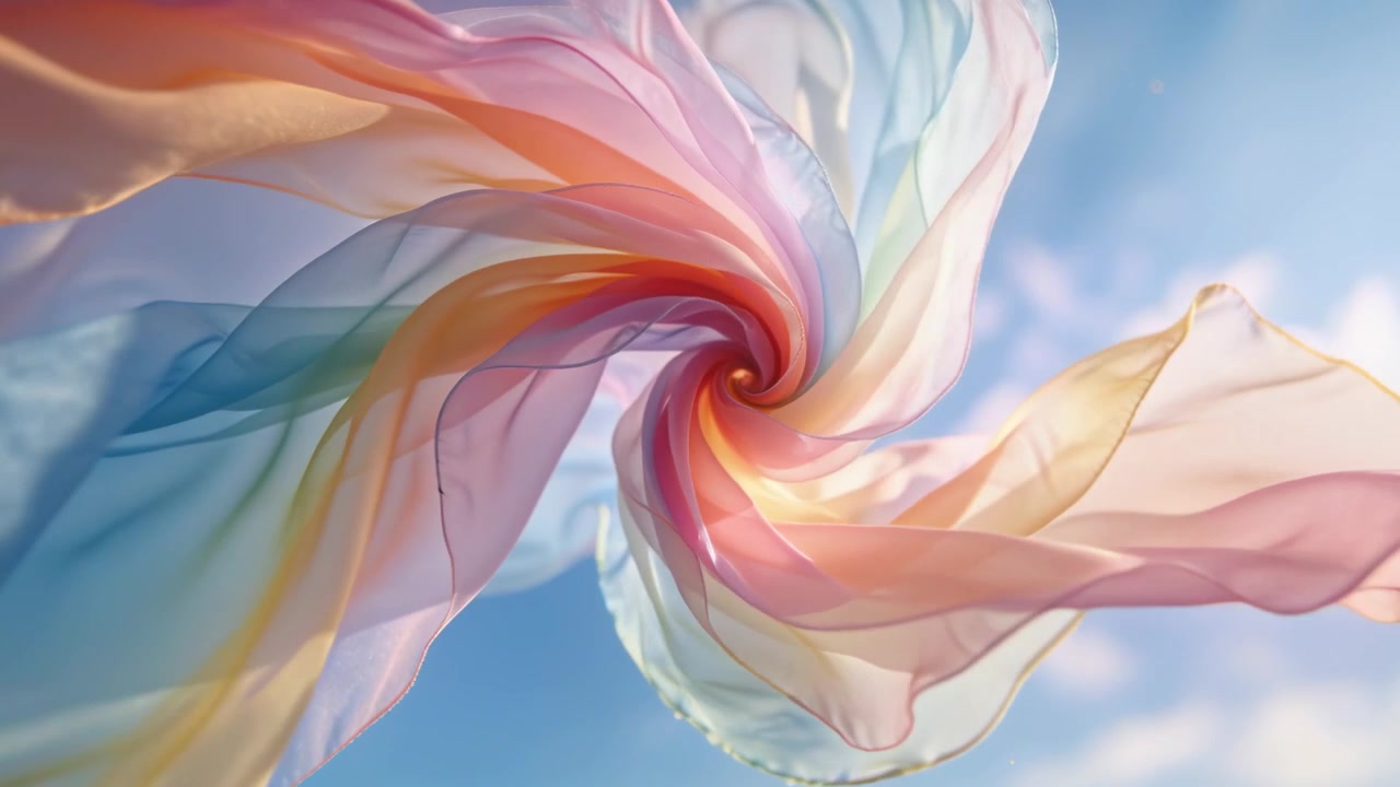 Vortice di leggero tessuto pastello che si dispiega a spirale, mosso dalla brezza, nel cielo blu con controluce.