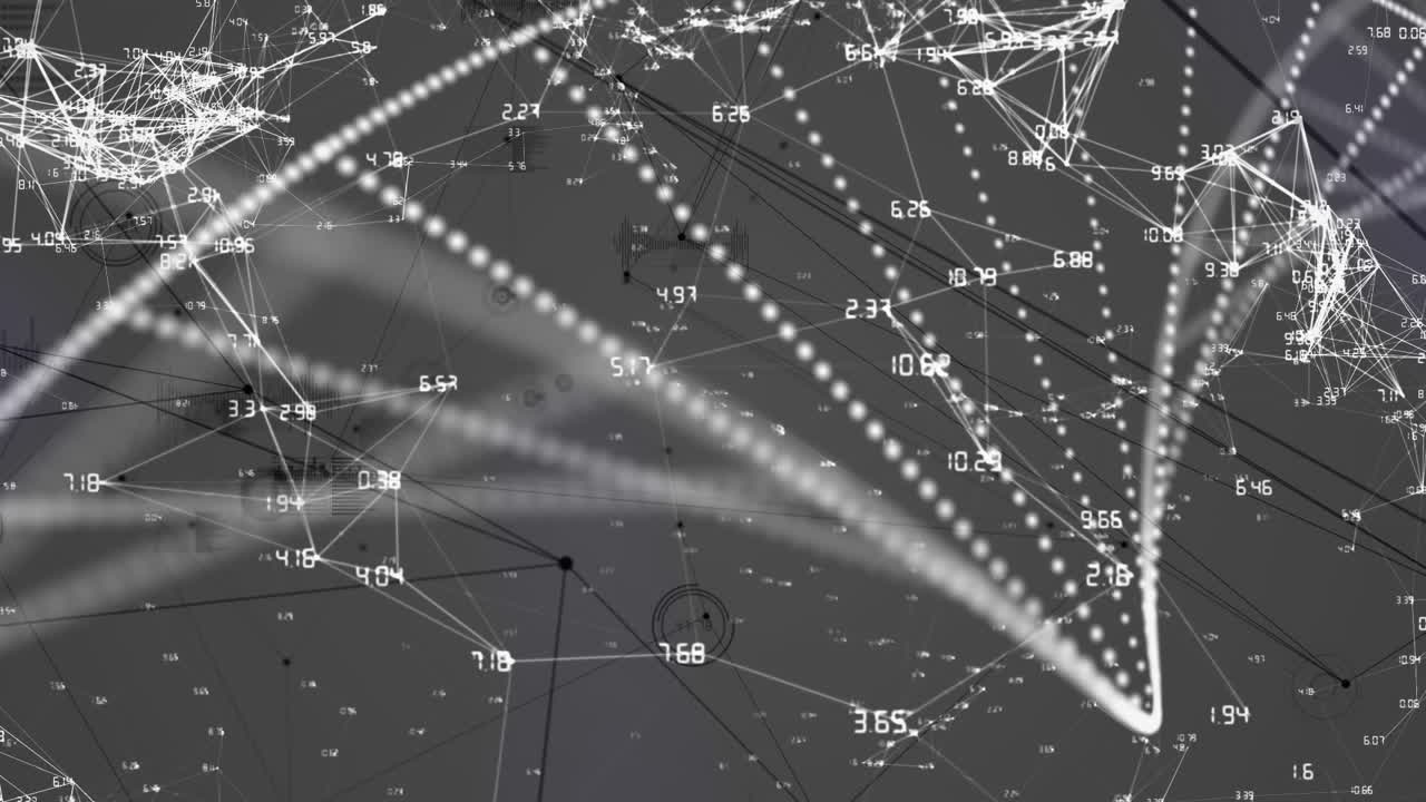 회색 배경에 대한 연결 네트워크를 회전시키는 dna 구조의 디지털 애니메이션