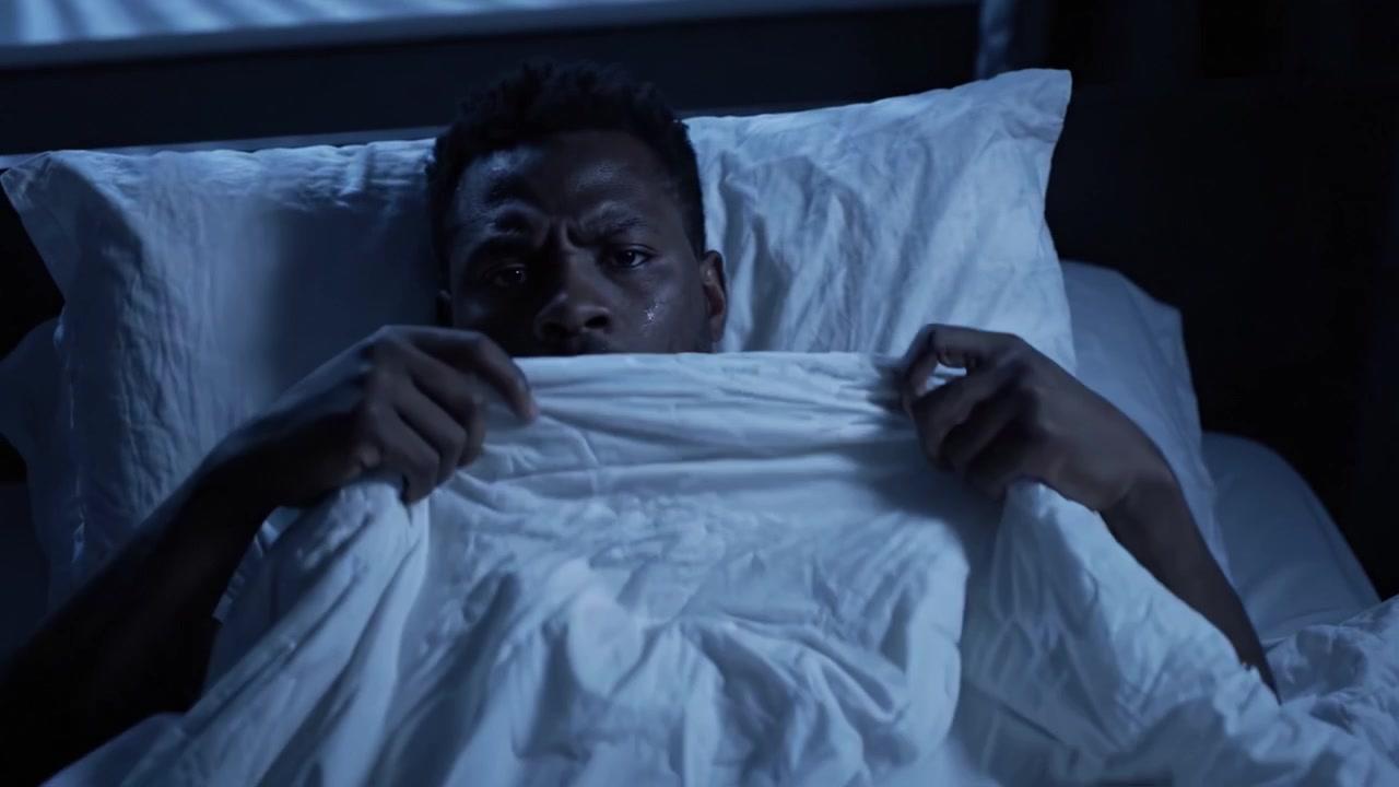 Un homme passe d'un état d'éveil agité à un sommeil paisible, capturant le contraste des émotions dans une scène de chambre faiblement éclairée, remplie de literie douce.