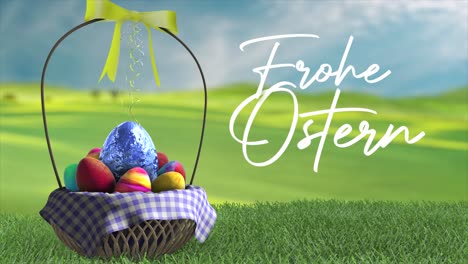 High-quality-3D-animation-of-an-Easter-Basket-full-of-eggs-in-rolling-green-fields,-with-the-message-in-German-"Frohe-Ostern