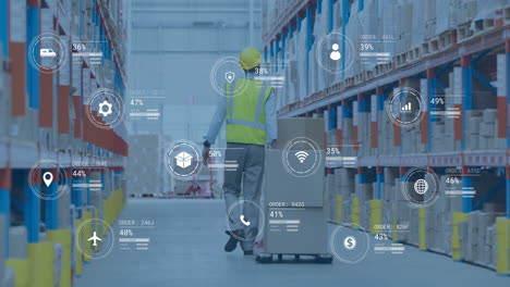 animation of digital data processing over caucasian man working in warehouse