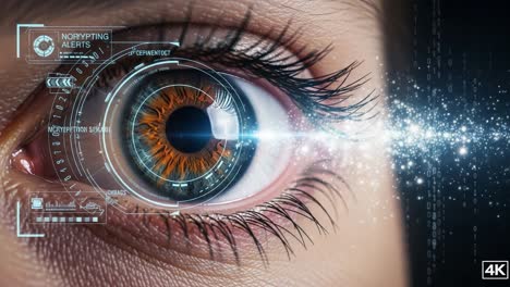 a close-up on a high-tech eye displaying advanced cybernetic features, featuring digital interfaces and alert indicators in a futuristic setting