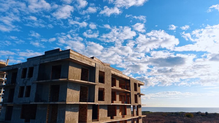 Edificio in mattoni incompiuto, coperto da intonaco grigio. Avvicinandosi alla cima della struttura a più piani in costruzione. Nuvole soffici nel cielo blu sullo sfondo.
