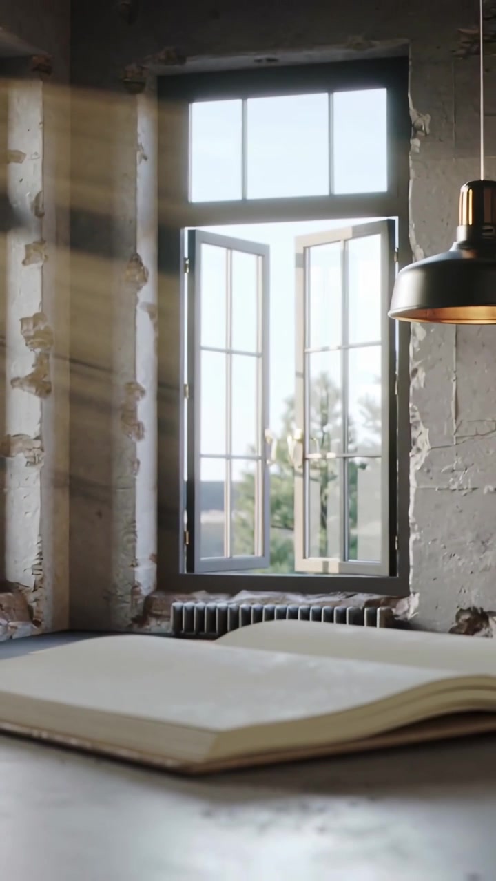 Video verticale: Una singola pagina di quaderno si solleva e si gira, posandosi grazie alla brezza di una finestra aperta in un loft.