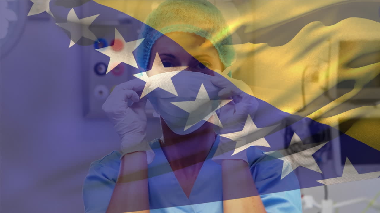 수술 마스크를 착용한 백인 여성 외과의사 위에 보스니아 헤르체고비나  ⁇ 발을 흔드는 애니메이션