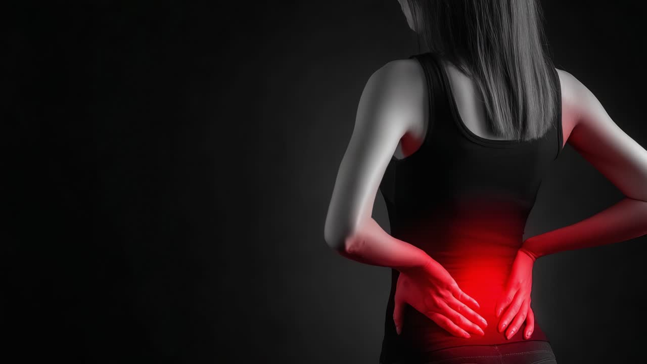 A woman experiencing lower back pain, showcasing the intensity of discomfort with a striking visual contrast in a dark setting emphasizing the affected area