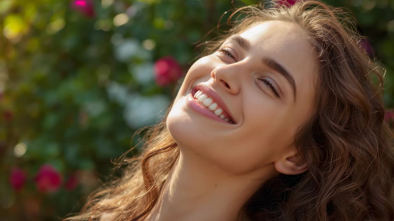 Smiling woman curly hair in sleeveless top tilting head posing among roses, sunlight narrowing eyes