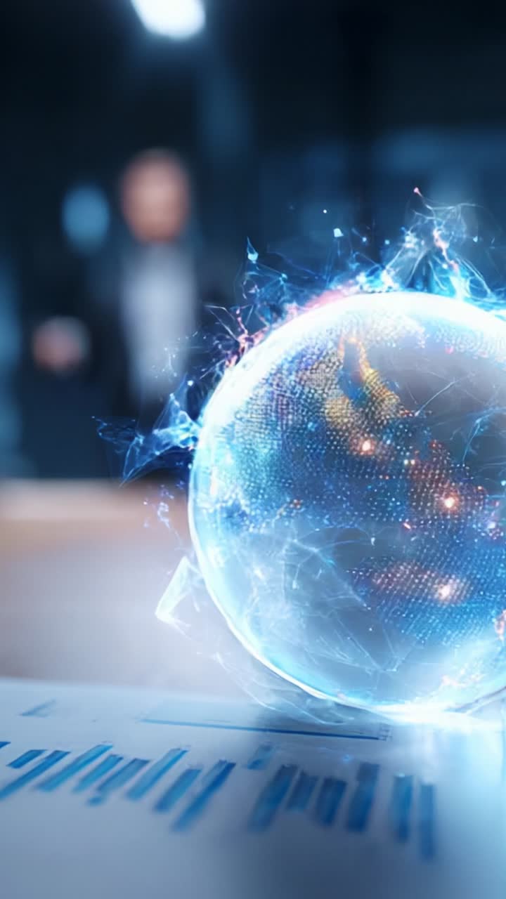A futuristic holographic globe showcases the digital map of our planet, reflecting interconnected data and global insights while an observer analyzes information in the background