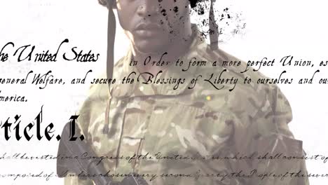 animation of article text over african american soldier holding weapon