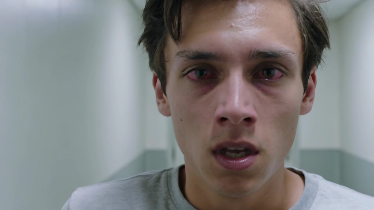 Reacting to eye sting, male removing clear-framed eyeglasses, rubbing red watery eyes in hallway