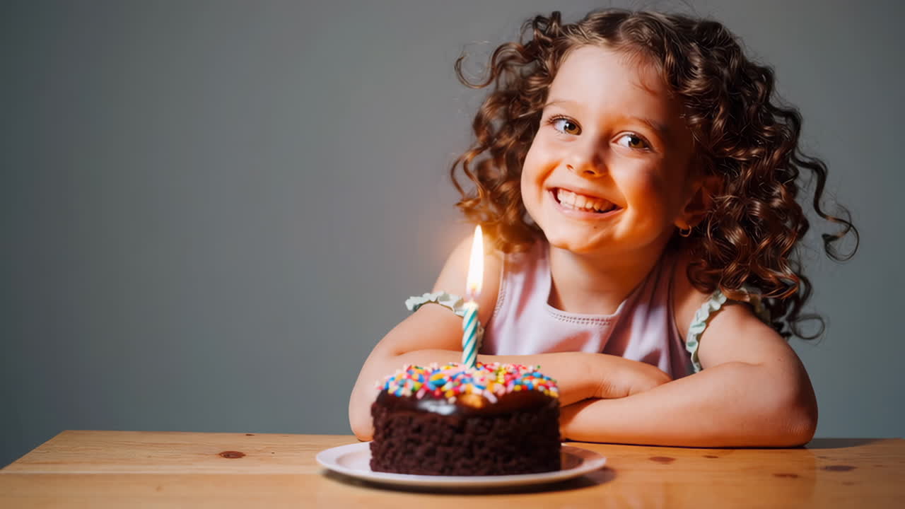 A smiling young girl with curly hair celebrating her birthday with a chocolate cake and candle