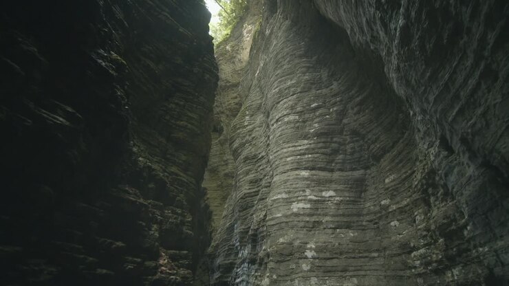 Exploring Shot Of Mystery Rocky Canyon, Sunlight Shining Through Rocks