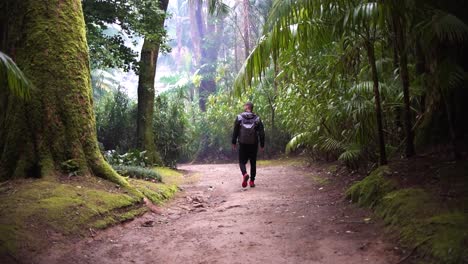 sportsman rearview trekking a track trail through mountains walking by muddy paths after rain amidst nature in the middle of the forest and jungle