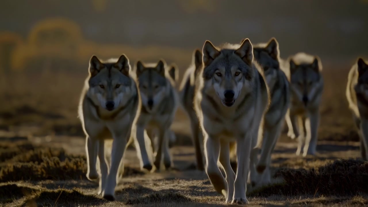 A wolf pack stands in a serene desert landscape with clouds, viewed from the side, showcasing their gray and brown fur against the natural light of the desert sky. This commercial wildlife.