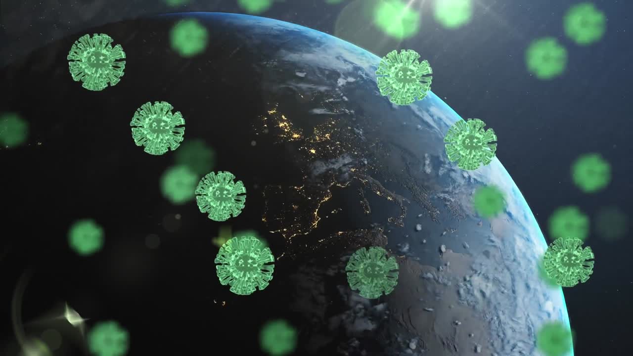 múltiples células verdes de covid-19 flotando sobre el globo giratorio contra un fondo azul