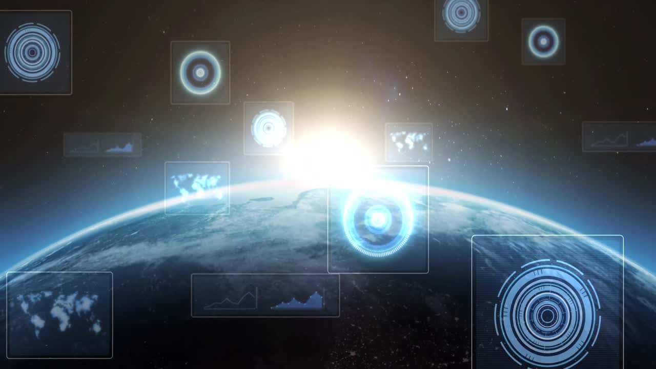 스 ⁇  스캔, 세계 지도, 빛나는 지평선과 함께 전 세계 화면에서 데이터 처리