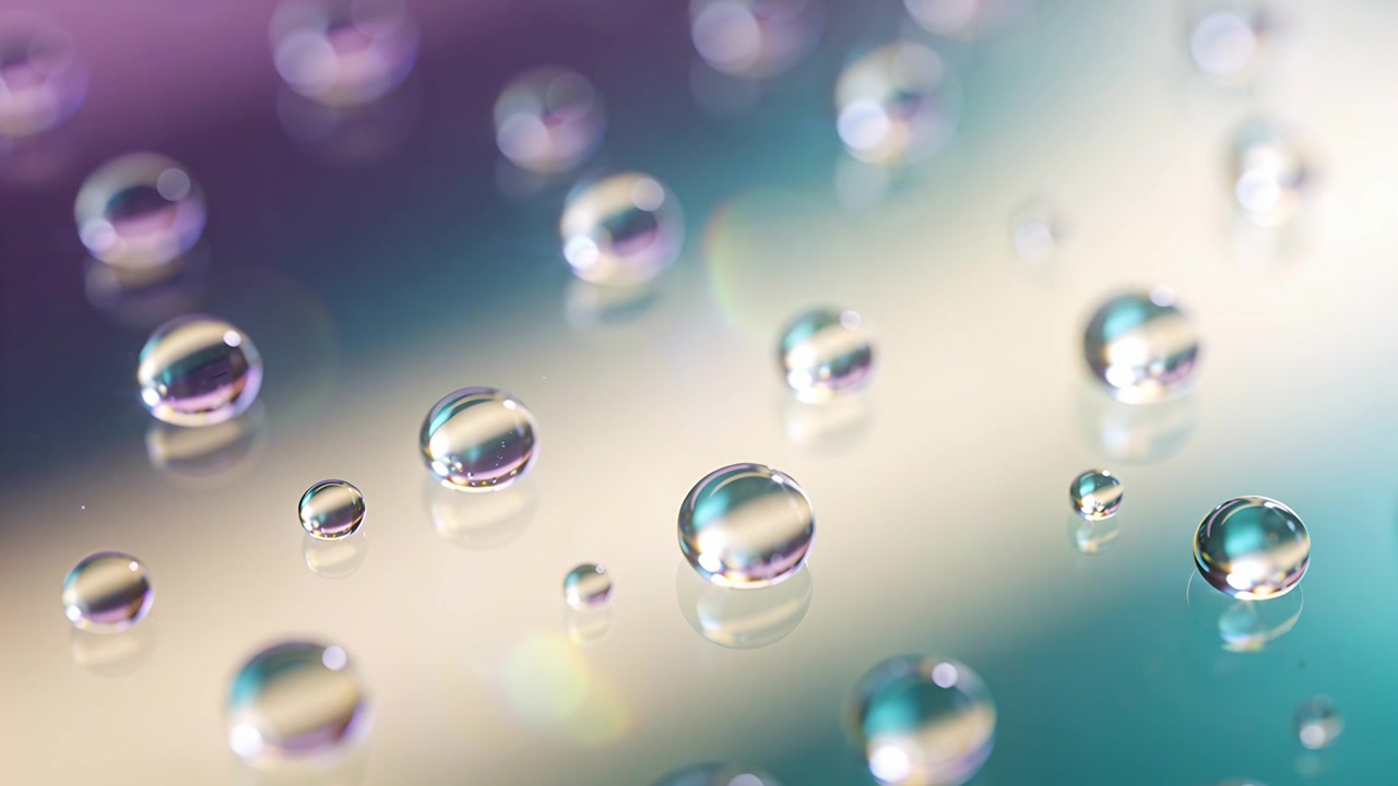 Messa a fuoco che si sposta, un grappolo di goccioline d'acqua che rivela riflessi arcobaleno sul vetro con bokeh dai toni pastello.