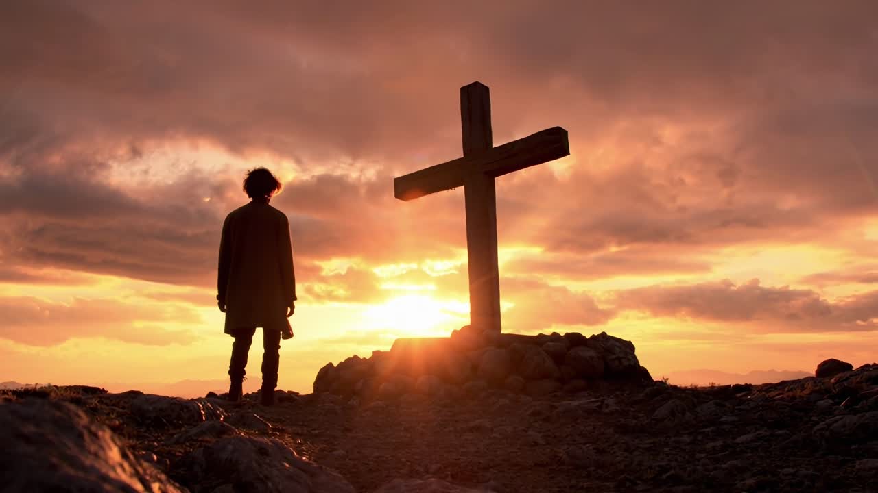 Silhouette di una persona accanto a una croce al tramonto, ripresa da un'angolazione bassa, in stile video cinematografico