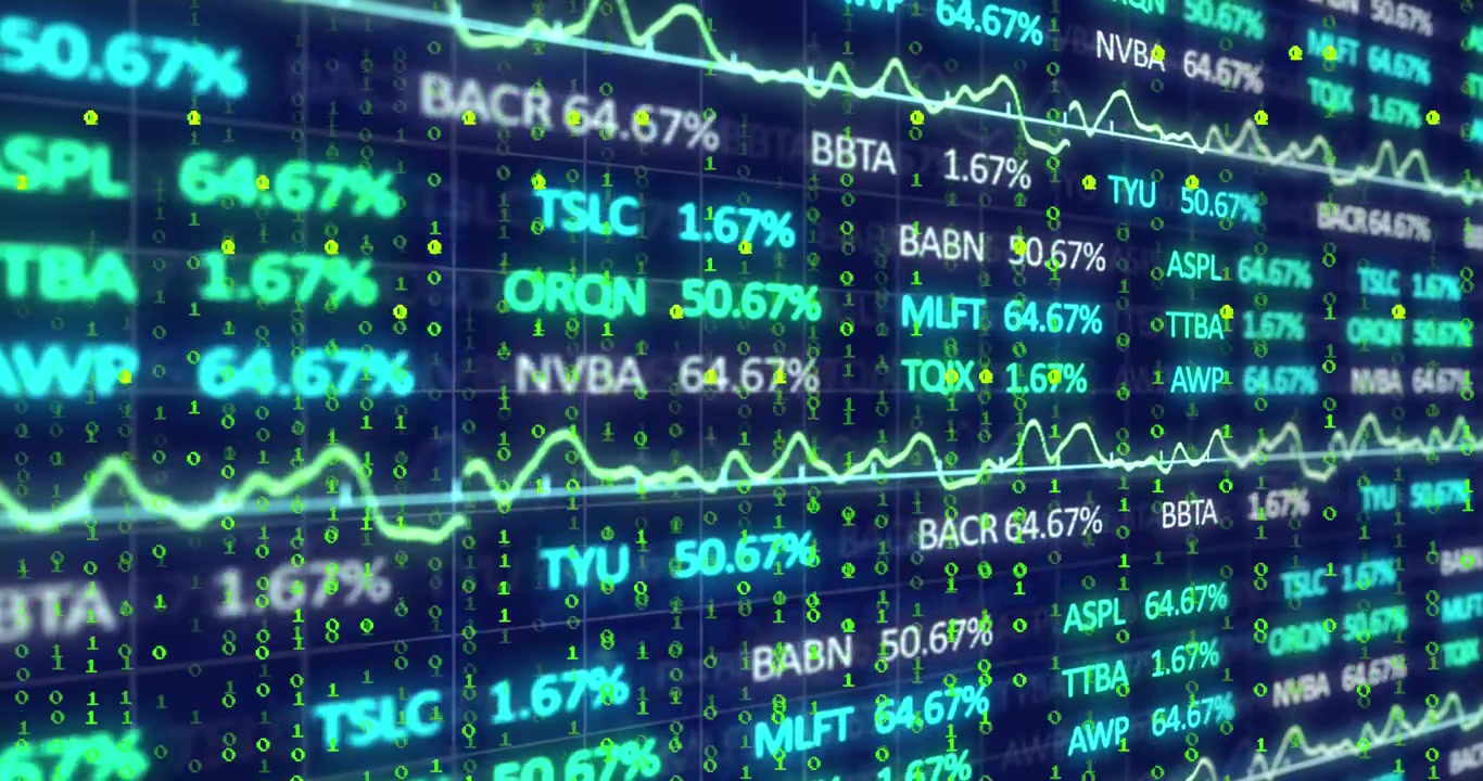 Animazione di codifica binaria ed elaborazione dati di borsa su sfondo blu