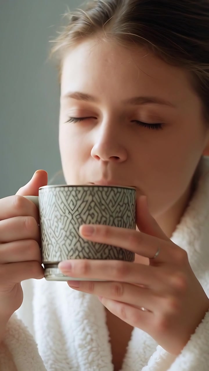 Video verticale: Donna che sorseggia, sollevando una tazza vicino alla finestra di casa, con il vapore che sale, indossando una vestaglia e un anello.