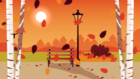 escena del parque de otoño con banco y poste de luz