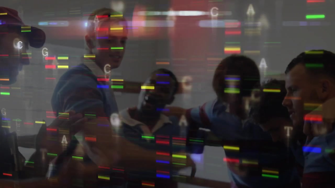 Rugby teammates touching whiteboard marker, activating DNA overlay and celebrating with high fives