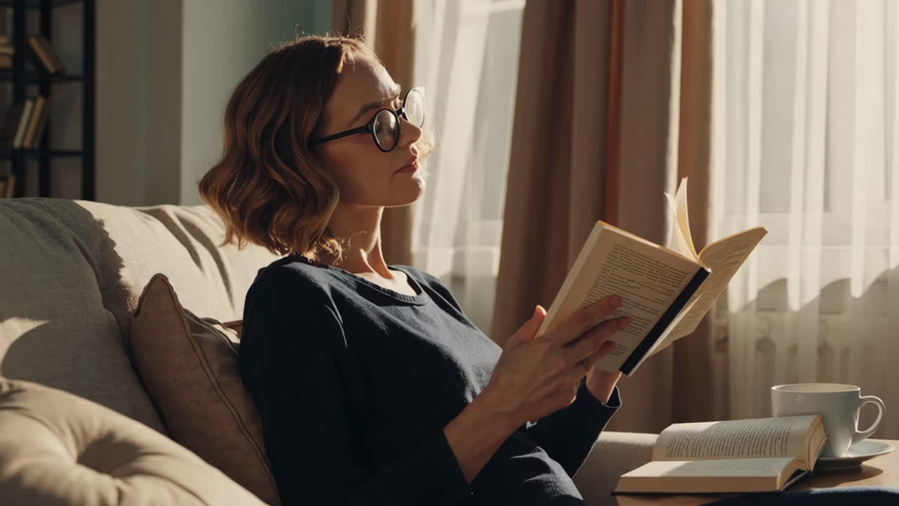 Frau liest ein Buch in einem sonnigen Zuhause