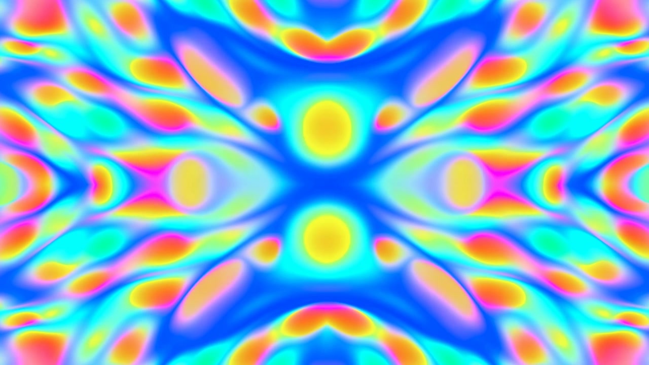 Forme astratte al neon centrate che fluiscono in simmetria speculare con forme ovoidali organiche ripetute, aloni luminosi, fasce radianti, sfumature morbide e un vibrante contrasto cromatico per un'immagine decorativa moderna