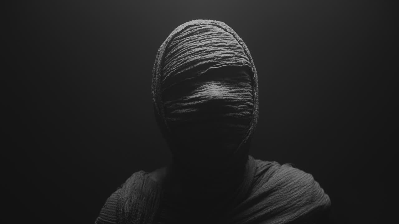 A mummy of a woman on a dark backdrop rises  and then turns her head