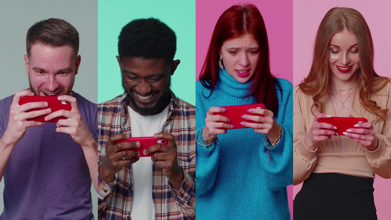 Uomo afroamericano dipendente preoccupato divertente che gioca a videogiochi di corse su cellulare