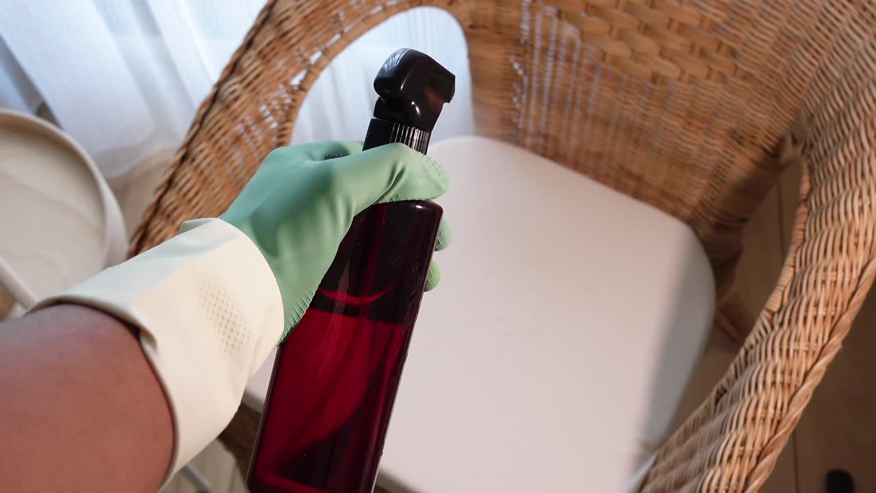 Person in protective gloves sprays disinfectant into a wicker baby bassinet