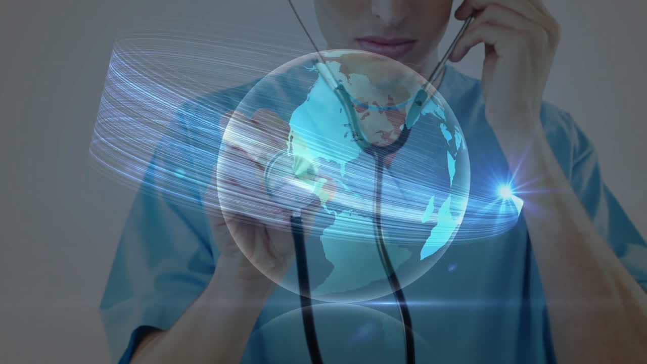 Using stethoscope, healthcare professional analyzing digital globe with animation data streams