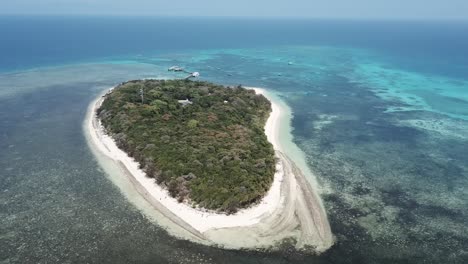 pan aéreo de drones alrededor de una pequeña isla tropical con árboles y agua azul clara