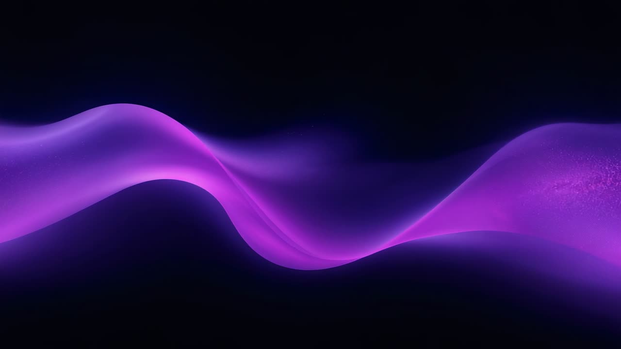 Iniciando animación en bucle de una cinta púrpura brillante ondeando a través de un campo negro, con neblina siguiendo bordes pulsantes.