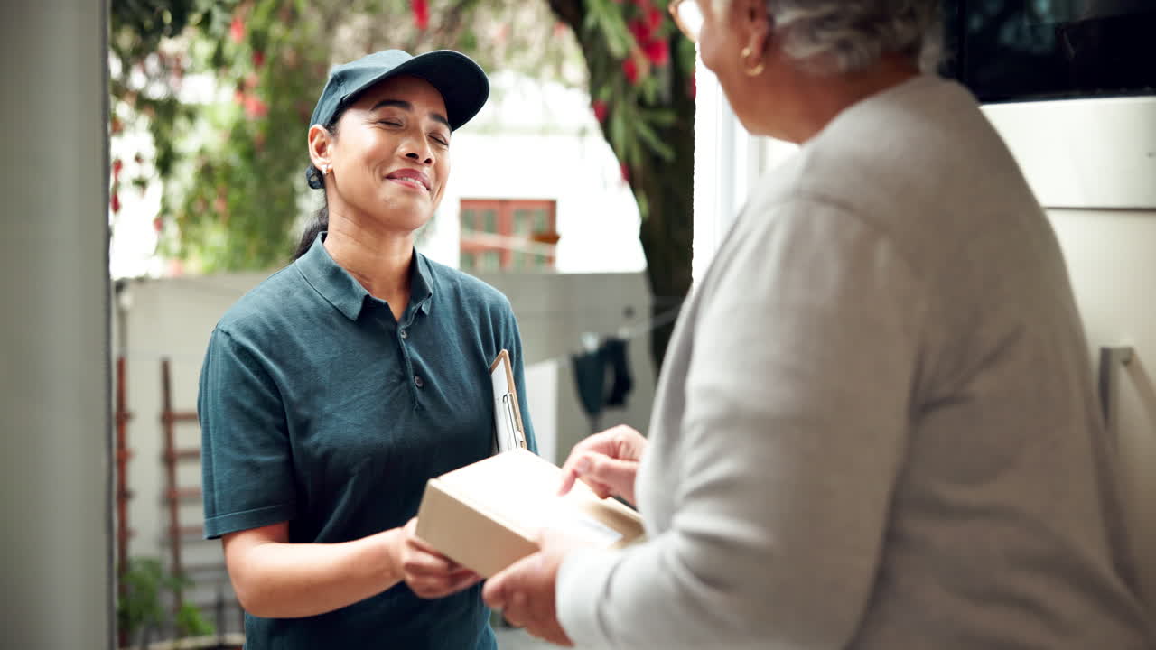 Delivery person handing a package to a customer