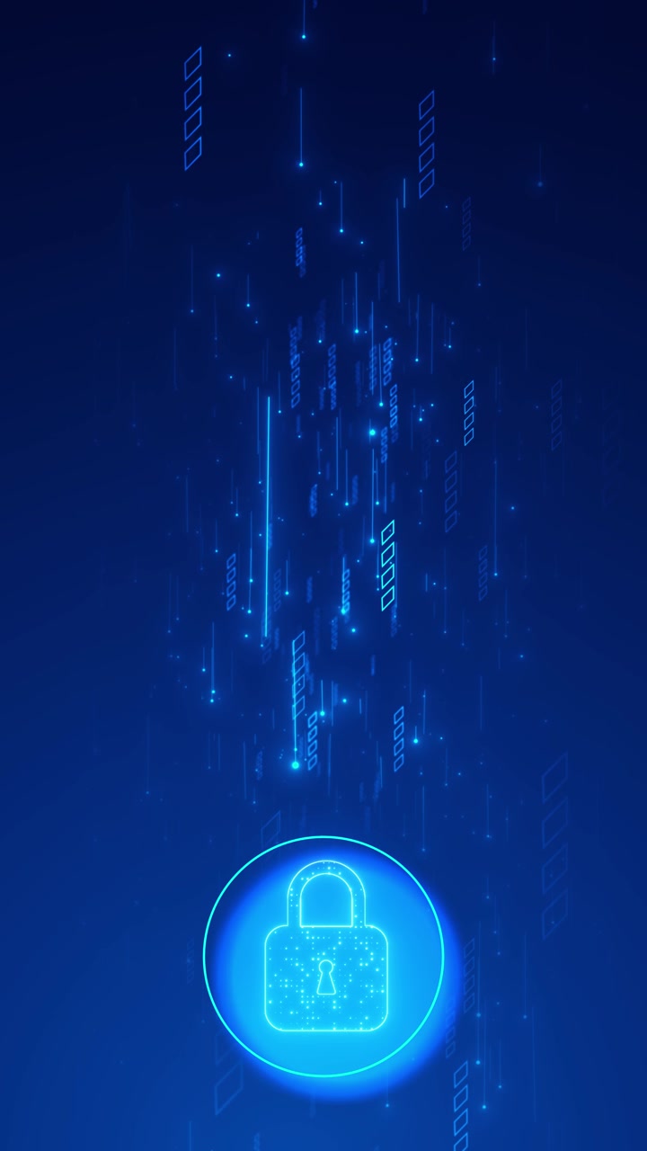 Blue cyber lock security background with glowing padlock icon digital data trails floating particles