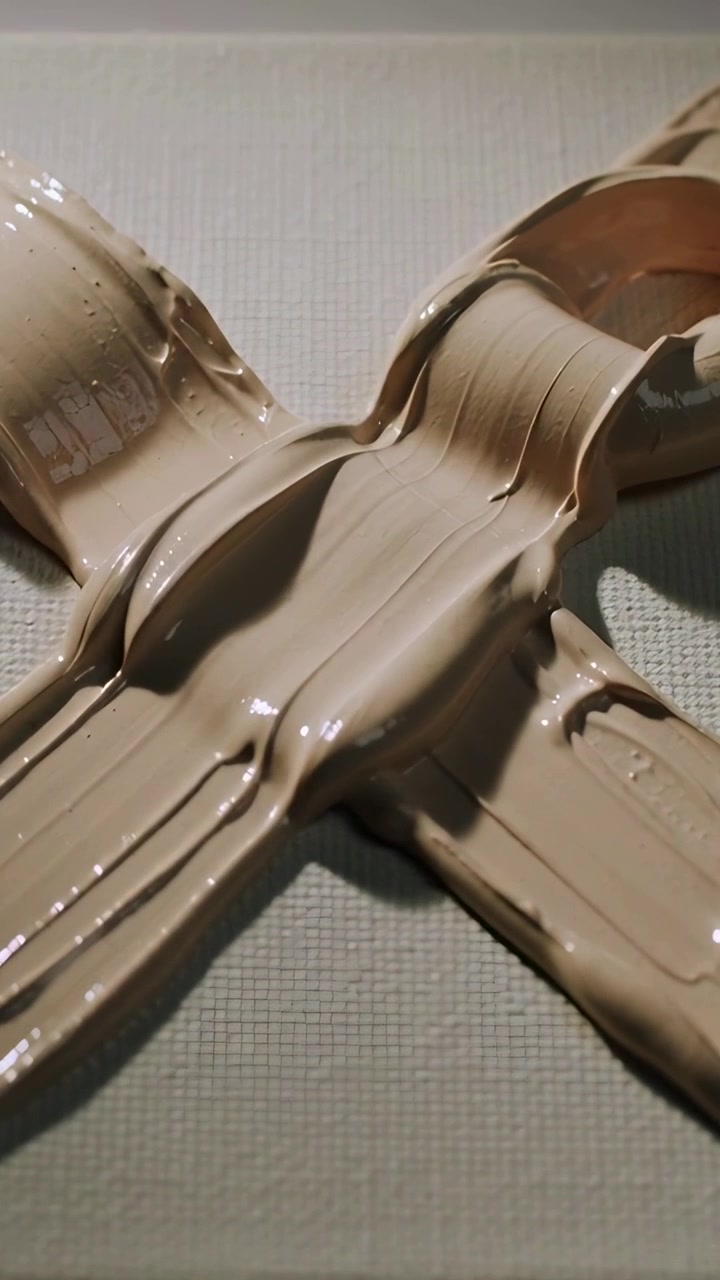 Vertical video: Pressing metal tool pulling taupe paint on studio canvas, forming glossy cross