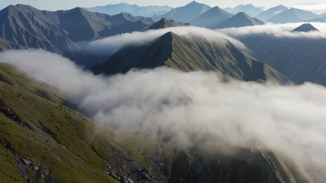 las cimas de las montañas brumosas