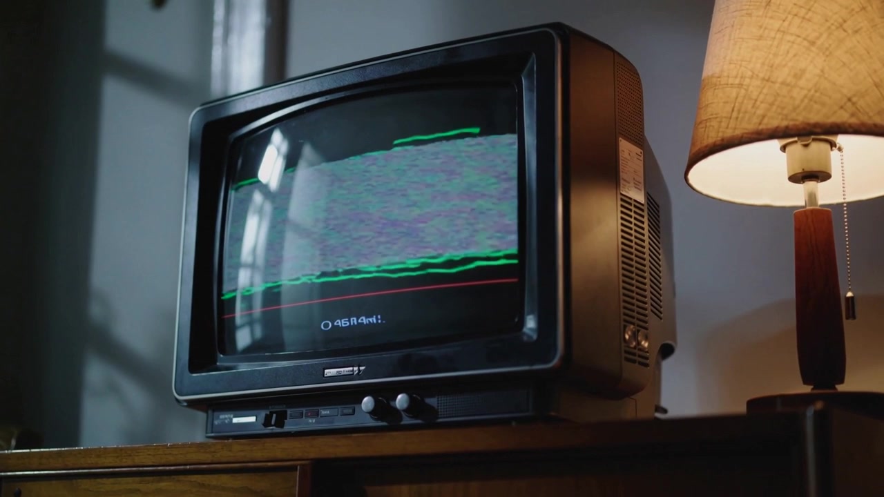 TV CRT che si accende mostrando linee verdi, trasformandosi in rumore di interferenza a casa accanto a una lampada accesa.